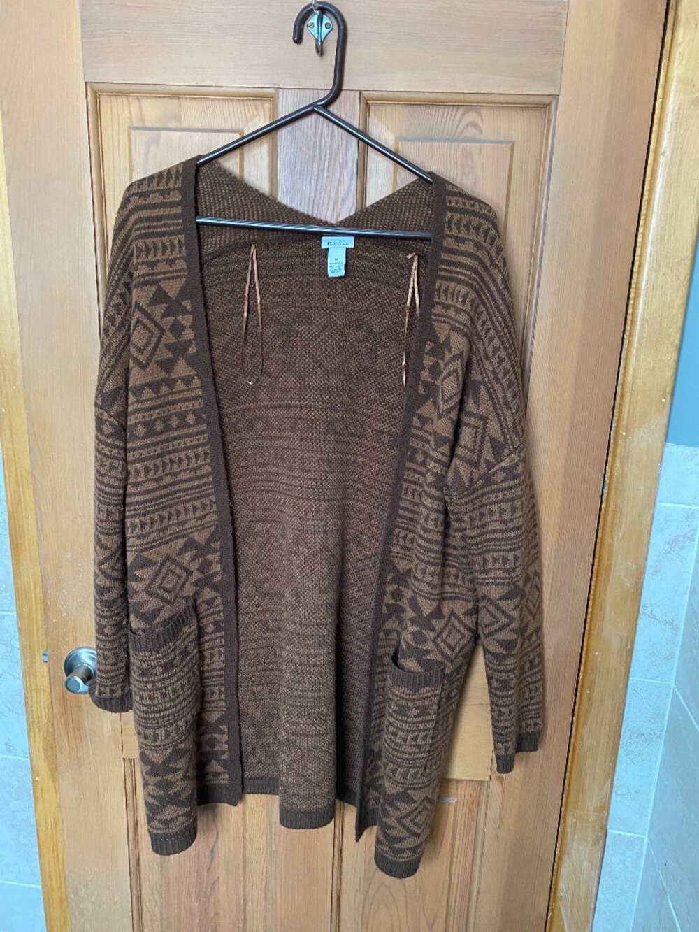 rue21 Women's Geometric Knit Cardigan Sweater Brown Open Pockets Size M